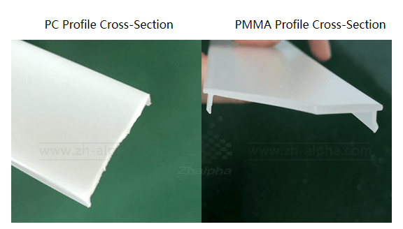 Cross section of PC and PMMA after blade knock difference between PMMA and PC.png